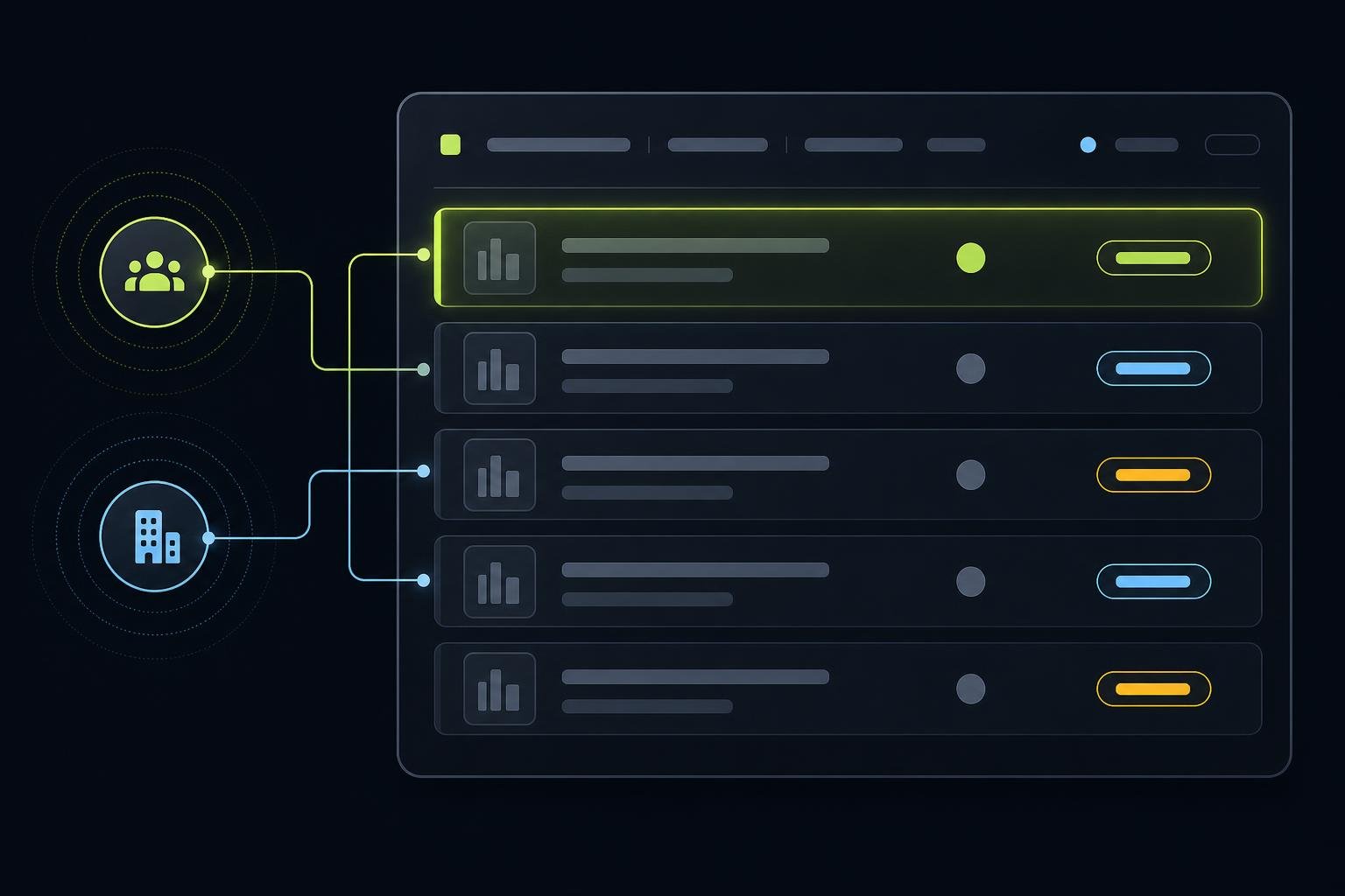 An analyst's signal desk at night: dark console panels listing company rows, lime markers flagging hiring, funding and expansion signals, and a ticker line running the width of the screen.