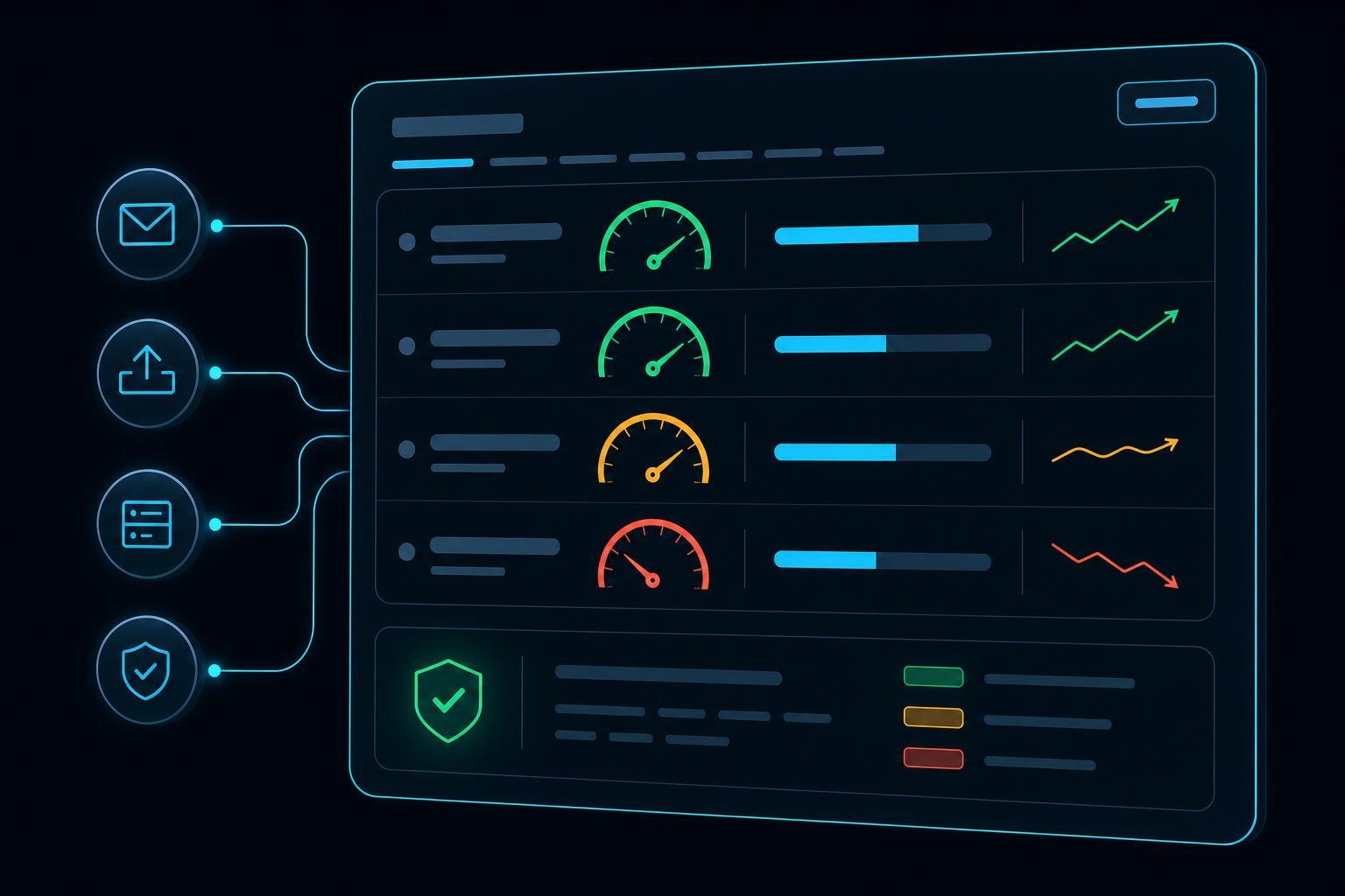 Editorial illustration of a deliverability monitoring desk: cyan telemetry lines tracking weekly reply volume across four cold-email campaigns, with one line falling away from the rest.