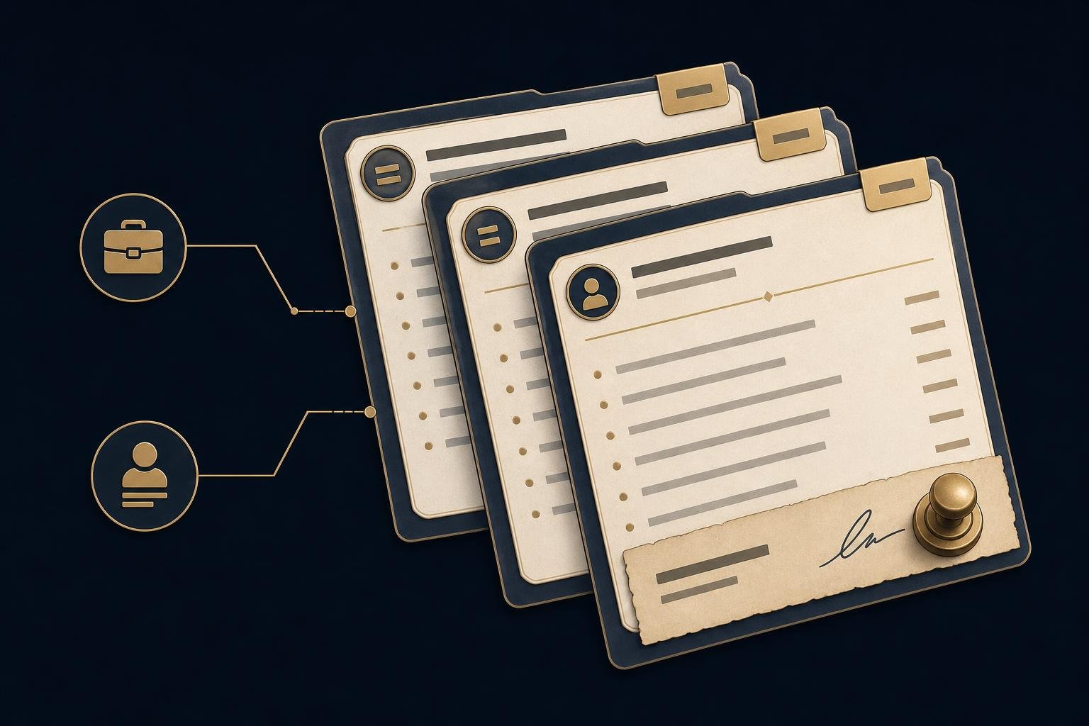 Editorial illustration of a retained search desk after hours: candidate dossiers stacked under a brass lamp, three drafted outreach letters fanned out on the blotter, waiting for a signature.