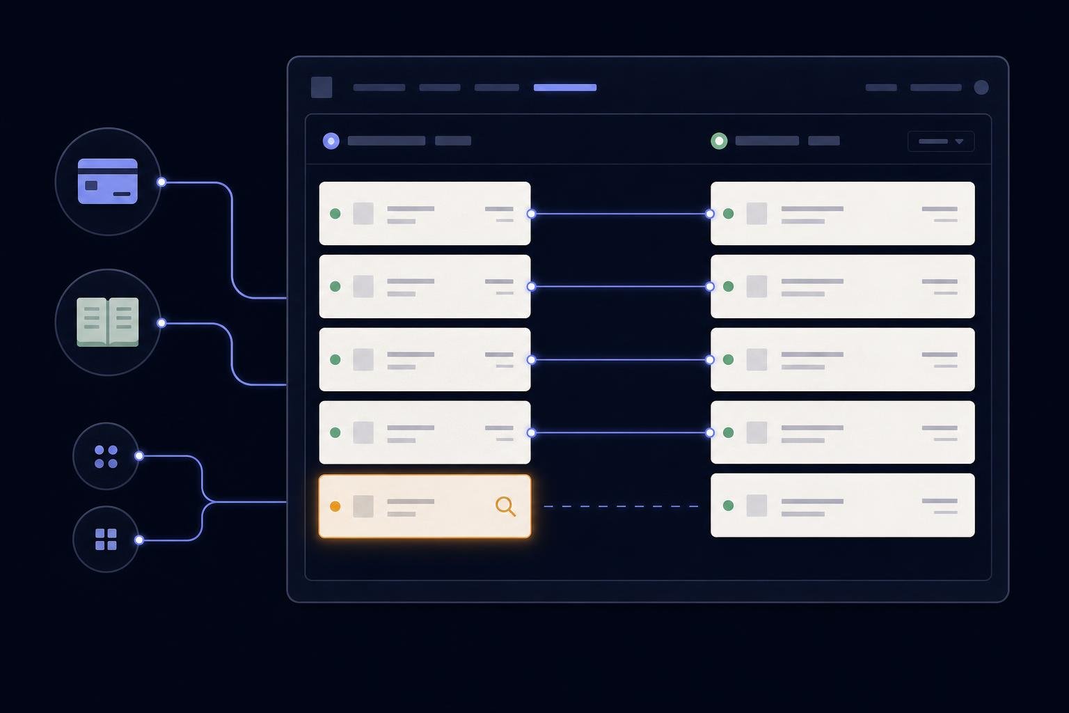 A reconciliation console rendered as ruled ledger columns: last week's payouts on one side, open invoices on the other, with a handful of mismatched rows pulled aside for follow-up.