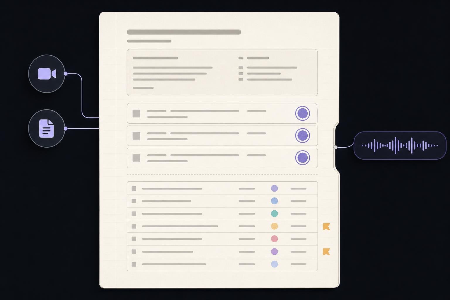 Editorial illustration of an open graphite minute book beside a pasted meeting transcript, decisions ruled in violet and action items initialled by their owners.