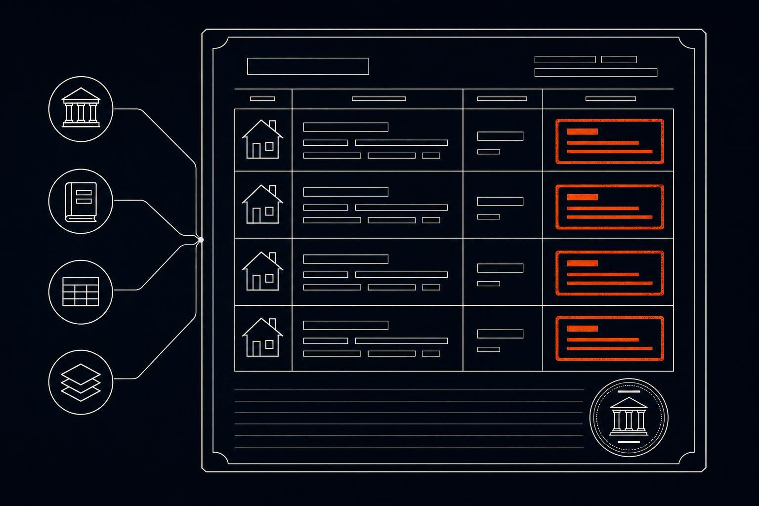 Editorial illustration of a county records desk — a parcel map, stacked filing sheets and a stamped docket, lit in surveyor orange.